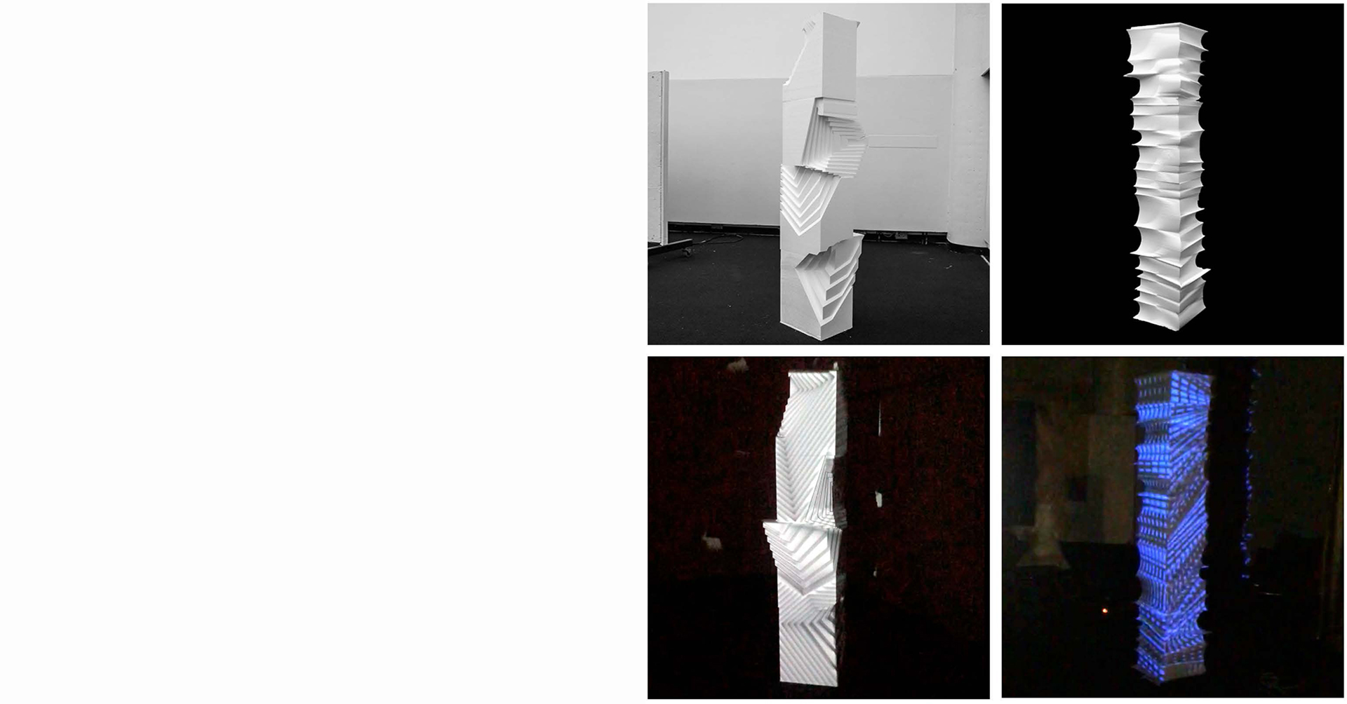 Example fabricated columns showing the final fabricated artifact (above) and a still image of the animated projection installation (below).